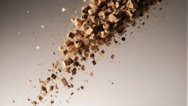 Abstract shot of brown, cuboid particles in mid-air against a blurred, neutral background