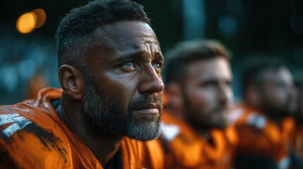 Obraz premium Sweaty football player with intense look on face in locker room