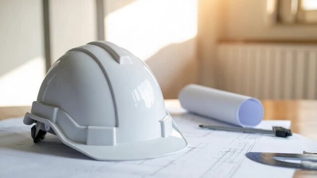 Construction safety hard hat and blueprints on an architect's desk