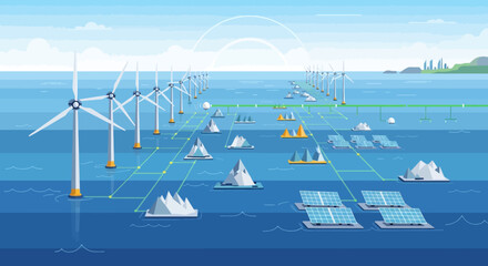 Obraz premium Renewable Energy Ocean Farm with Solar Panels and Wind Turbines