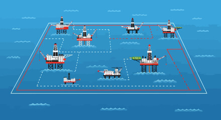 Obraz premium Offshore oil rigs in ocean with pipeline network