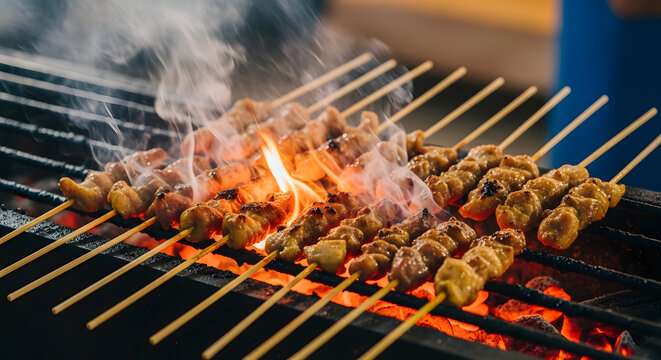 satay being grilled over charcoal