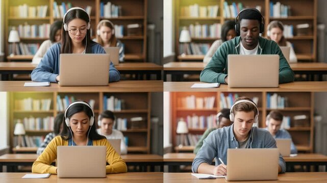 Diverse students wearing headphones using laptops in library, studying and learning online