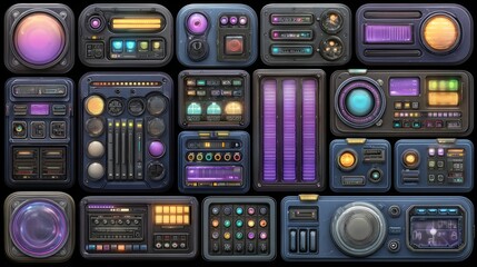 Obraz premium The interface presents an intricate layout of flashing lights, dials, and monitor panels, creating a futuristic depiction of technology and data processing bathed in neon hues