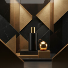 Abstract geometric backdrop with gold accents black bottle and sphere