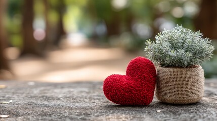 Fototapeta premium Beside a potted plant on a concrete path at golden hour, a red heart shape appears against a soft bokeh backdrop