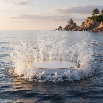 A white platform with a golden trim is surrounded by water splash