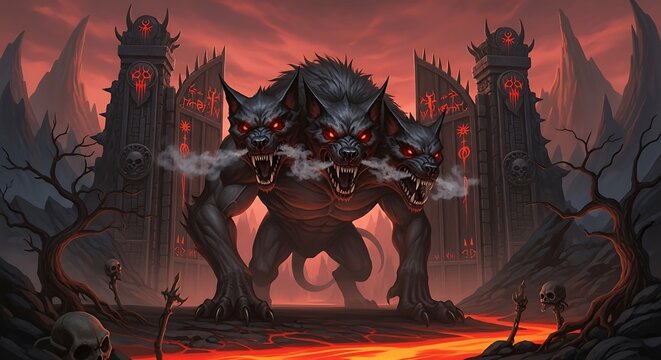 Cerberus Guardian of the Underworld - A Three-Headed Hound Illustration.