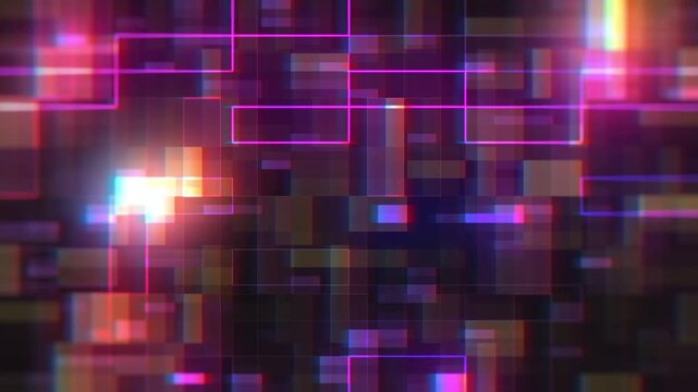 Abstract digital glitch background with neon rectangles and pixelated grid glowing purple and