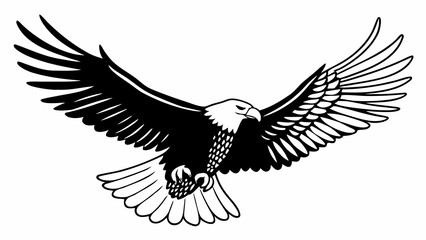 Fototapeta premium Detailed black and white illustration of a fierce bald eagle flying with outstretched wings downward.