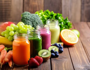 Colorful smoothie ingredients on a rustic table.
