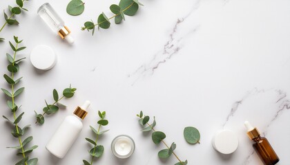 Eucalyptus leaves are arranged flat with space for text.
