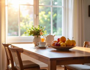Arrangement of fresh fruits for breakfast on a wooden table.
