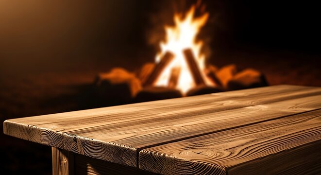 Wooden surface rests in the foreground with a blazing fire blurred in the dark background