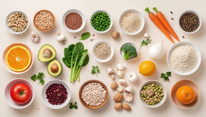 Layout of plant-based diet ingredients, modern minimalist style.
