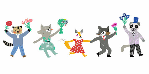 Anthropomorphic cats and raccoon celebrate with bouquets of flowers