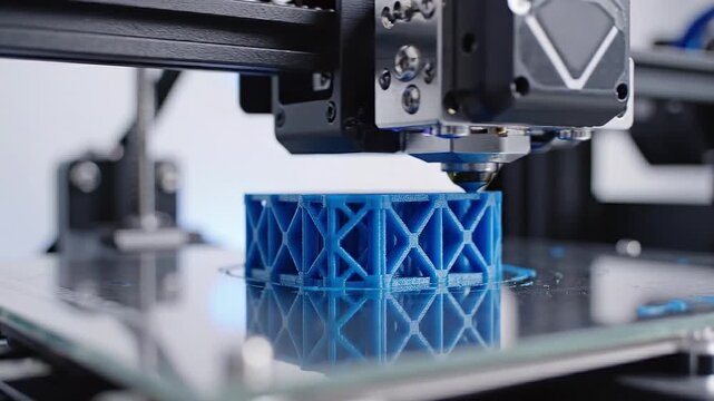 Industrial 3D Printer Creating Blue Plastic Geometric Prototype, Advanced Additive Manufacturing Technology in Lab