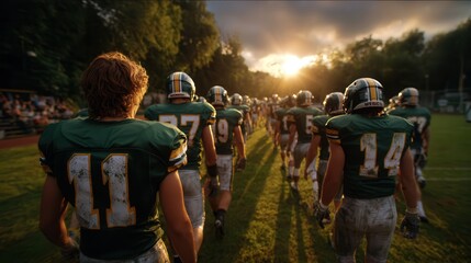 American football players walking onto the field at sunset