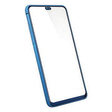 A modern smartphone with a blank white display and a vibrant blue protective case, presented at an angle.