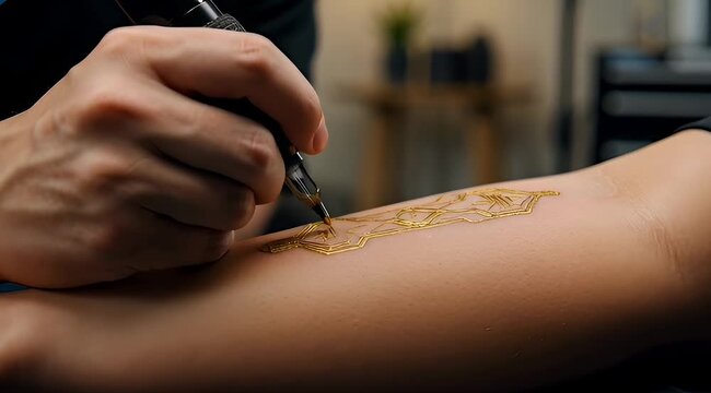 Close-up of a tattoo artist applying a gold geometric tattoo