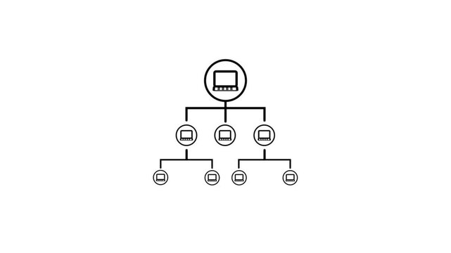 Abstract teal Network diagram icon with eight laptops connected concept. Tree topology icon, This hierarchical network topology on white background.