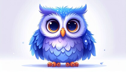 Obraz premium Cute Blue Baby Owl Illustration with Big Expressive Eyes, Whimsical and Stylized Design