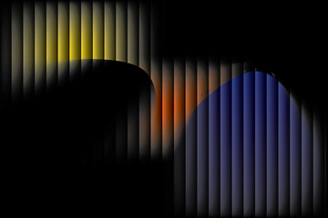 Abstract Yellow and Blue Gradient Shapes on Black Background with Vertical Stripes