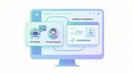 A computer monitor displays a unified customer relationship platform with AI chatbot and human support features on a white background, showcasing business technology integration.
