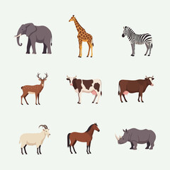 Obraz premium Collection of various wild and domesticated animals in modern illustration style