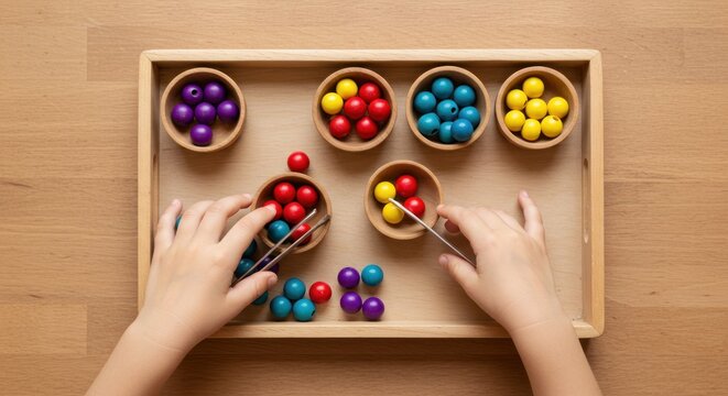 Childs Hands Sorting Colorful Beads with Tongs on Wooden Tray.