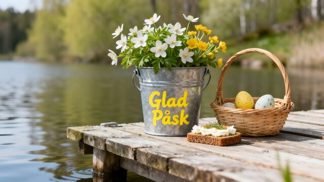 A metal bucket with wildflowers, a basket of eggs and a sandwich on a lakeside dock. Swedish text painted on the bucket.