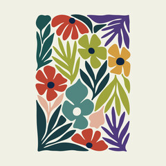 Colorful Abstract Botanical Art with Minimalist Flowers and Tropical Leaves Illustration