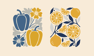 Minimalist Fruit and Vegetable Illustration with Bell Peppers and Lemon Slices Vector Art Illustration