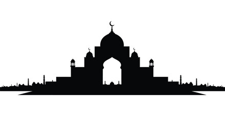 Islamic Mosque Silhouette with Crescent Moon on White Background