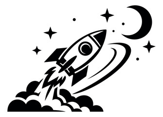 Graphic illustration of a rocket depicting a launch into space for exploration and discovery