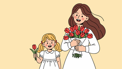 Woman and Little Girl Holding Tulips Flowers Illustration
