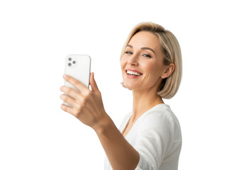 Woman smiling while holding smartphone isolated on transparent background