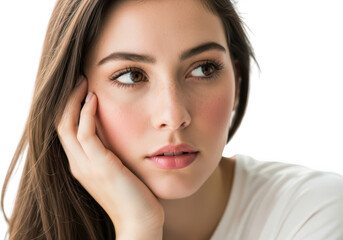 Young woman in thoughtful pose isolated on transparent background