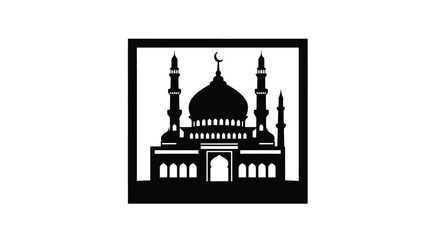 Mosque Silhouette with Crescent Moon Icon in Black Frame