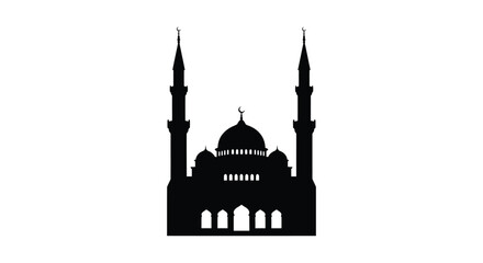 Mosque Silhouette with Minarets and Dome on White Background