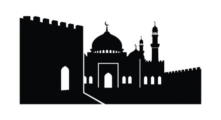 Mosque Silhouette with Domes and Minarets against White Background