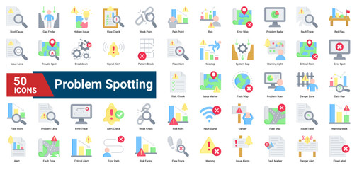 A collection of Problem Spotting icons. Containing alerts, risks, faults, and errors. Ideal for business analysis, troubleshooting, and risk management.