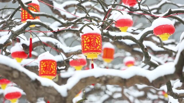 Snow falls gently on the lanterns hanging from the tree branches in winter