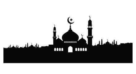 Mosque Silhouette with Crescent Moon and Minarets at Night in Islamic Style