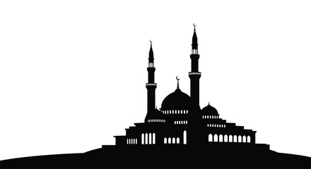 Mosque Silhouette with Minarets and Dome on White Background