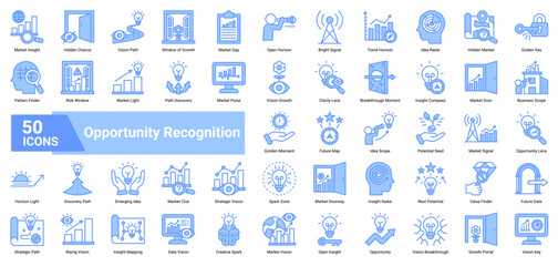 A collection of Opportunity Recognition icons. Containing insights, markets, visions, and discoveries. Ideal for business growth, innovation, and strategic planning.