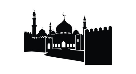 Islamic Mosque Silhouette with Crescent Moon on White Background