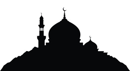 Mosque Silhouette with Crescent Moon Domes and Minaret at Night