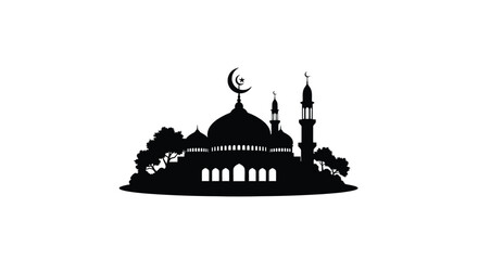 Mosque Silhouette with Crescent Moon and Minaret Vector Illustration