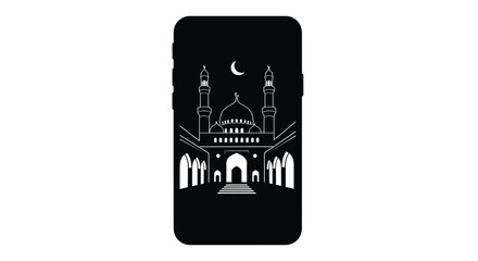 Mosque illustration on mobile phone screen at night with crescent moon